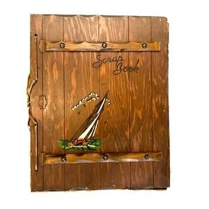 Vintage Unused Wooden Scrapbook with Engraved Sailboat Motif!